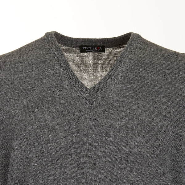 Pullover mit V-Ausschnitt - Grau - Merinowollmischung - Langarm