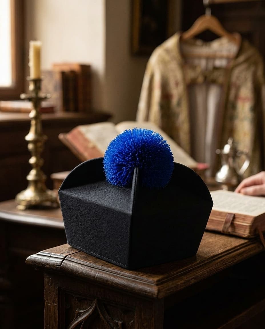 Chapéu Tricórnio Biretta - Preto/Azul - com Pom Pom