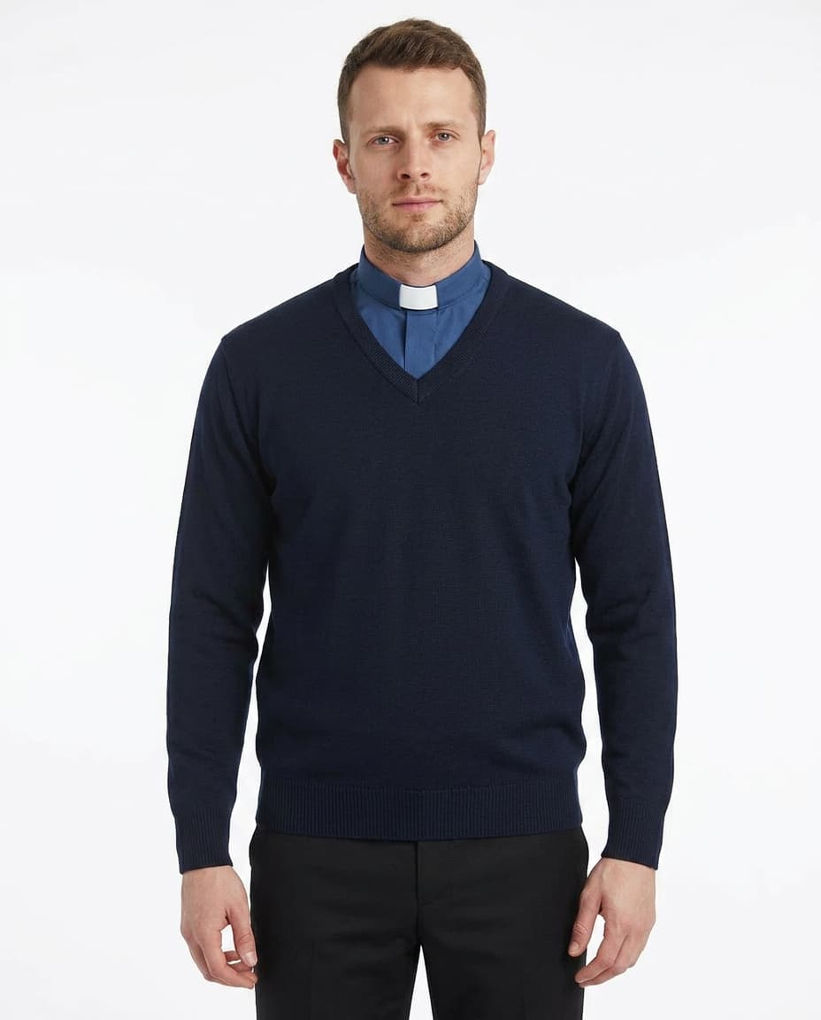 Jersey con cuello en V - Azul - Mezcla de lana merino - Manga larga