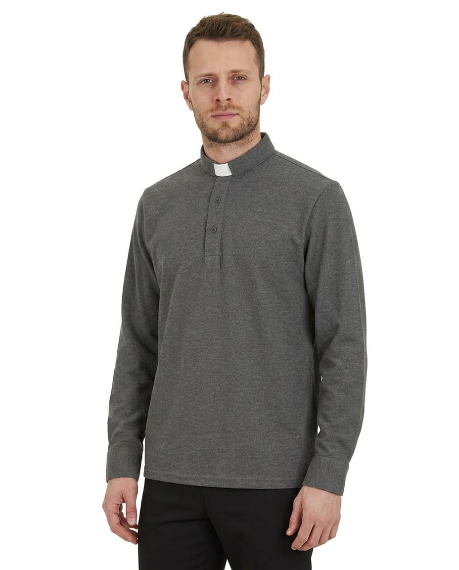 Polo in Flanella - Grigio - 100% Caldo Cotone - Manica Lunga