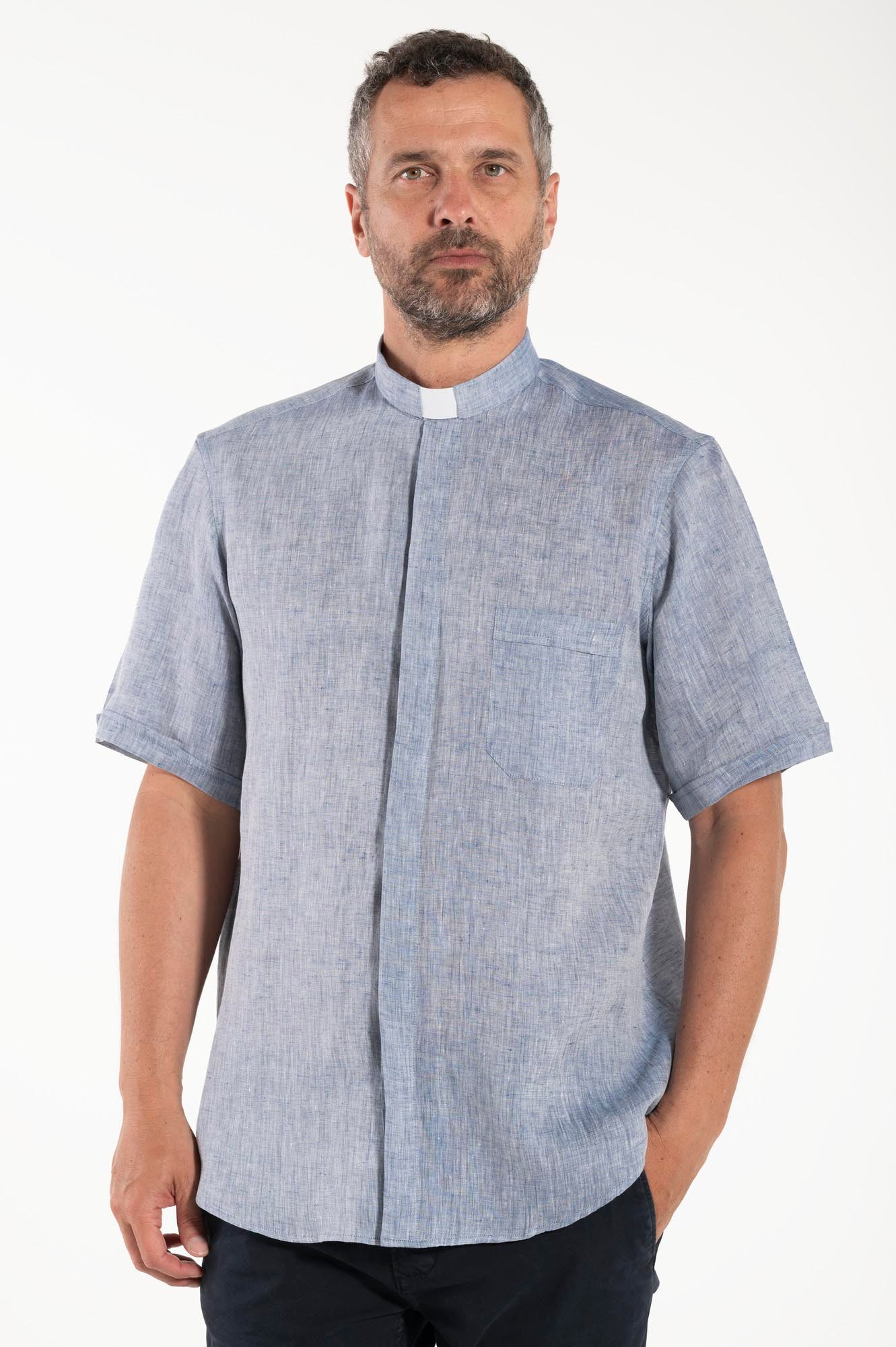 NEW - Camicia in Lino - Denim - Clergy - Manica Corta