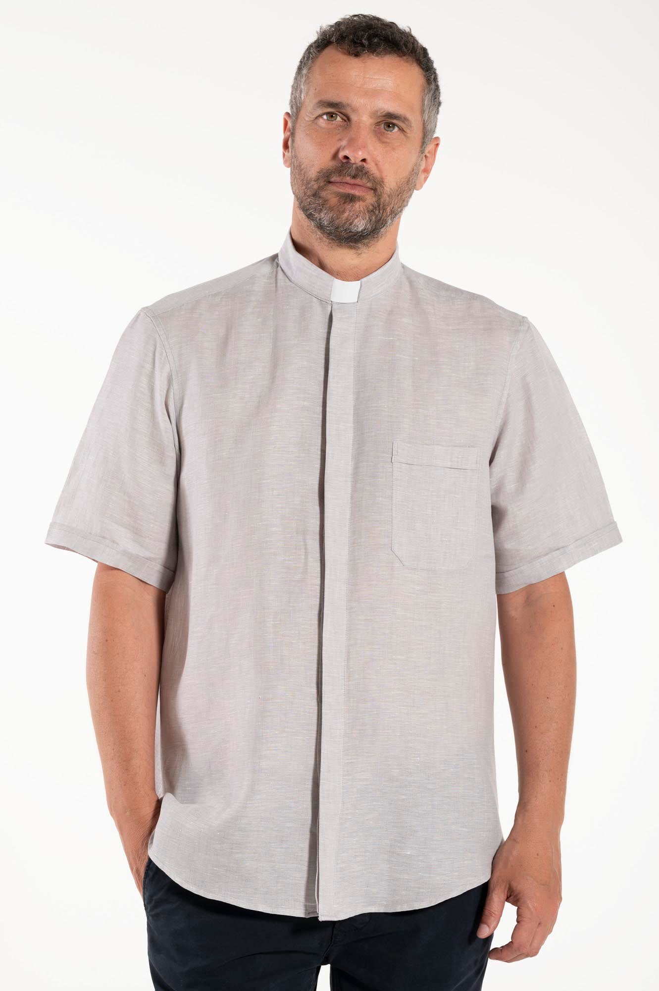 NEW - Camicia in Lino - Grigio Chiaro - Clergy - Manica Corta