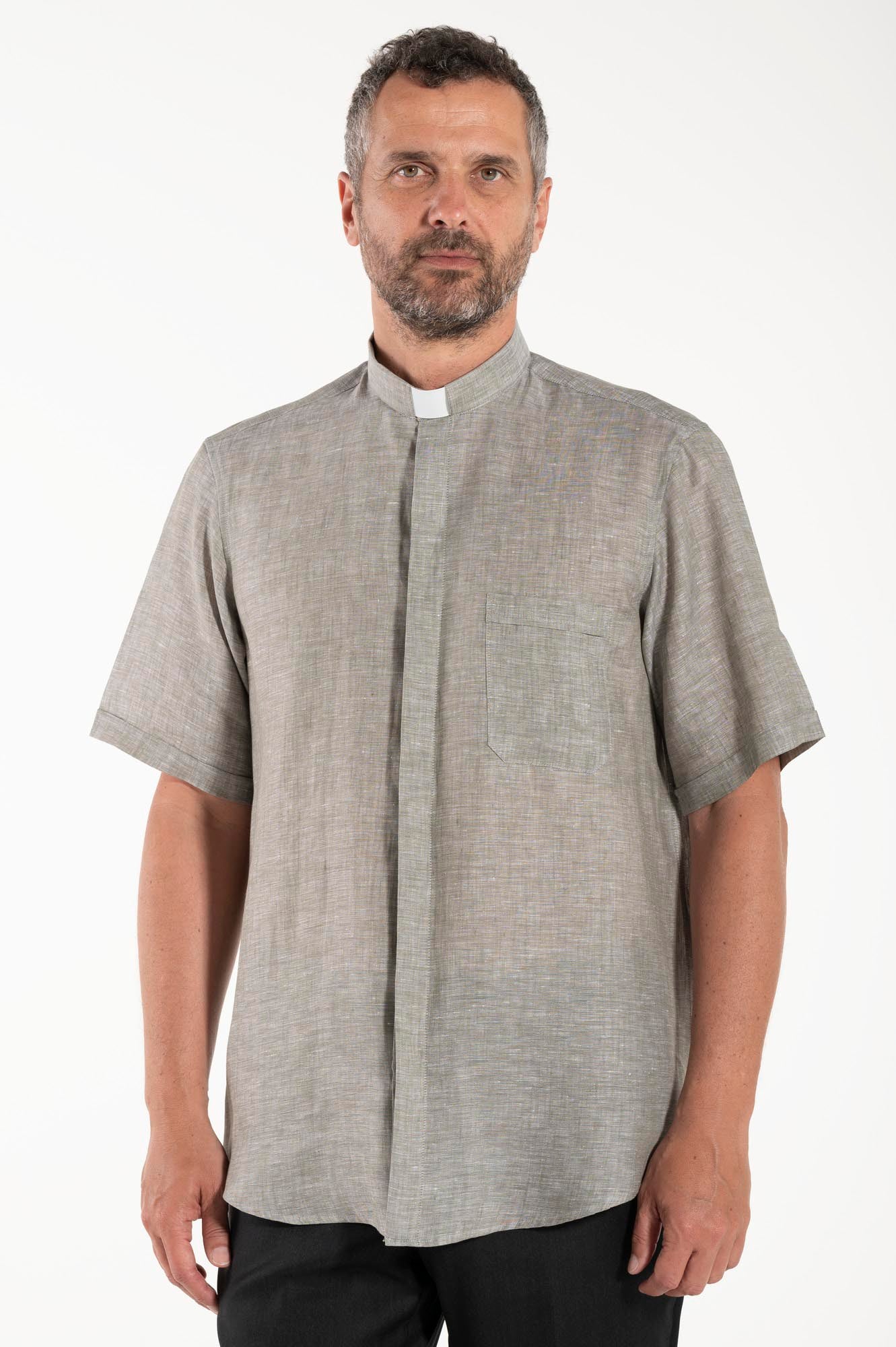 NEW - Camicia in Lino - Grigio Scuro - Clergy - Manica Corta