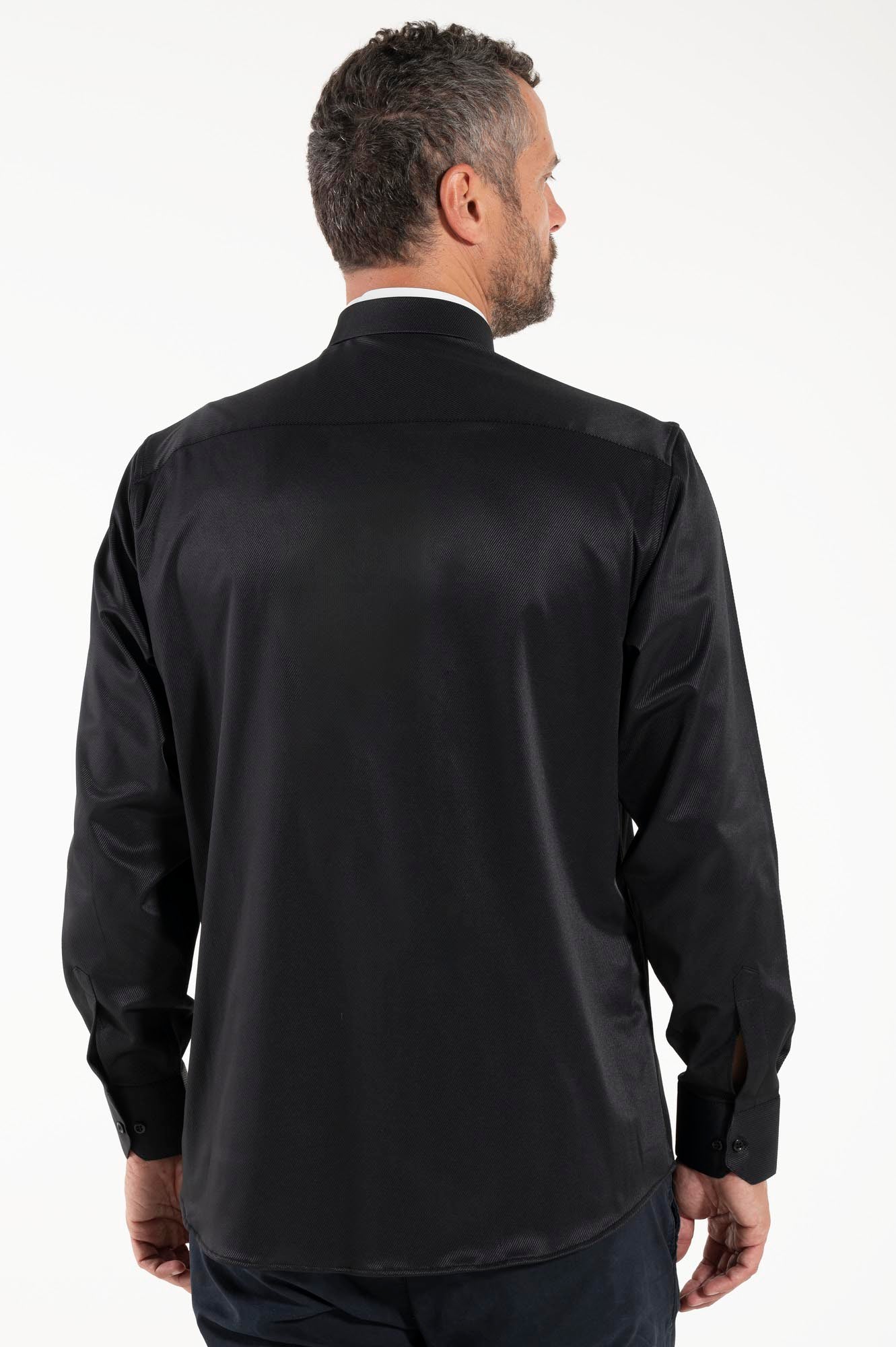 Priesterhemd Avignone - Schwarz - Römischer Kragen - Elastisch - Langarm