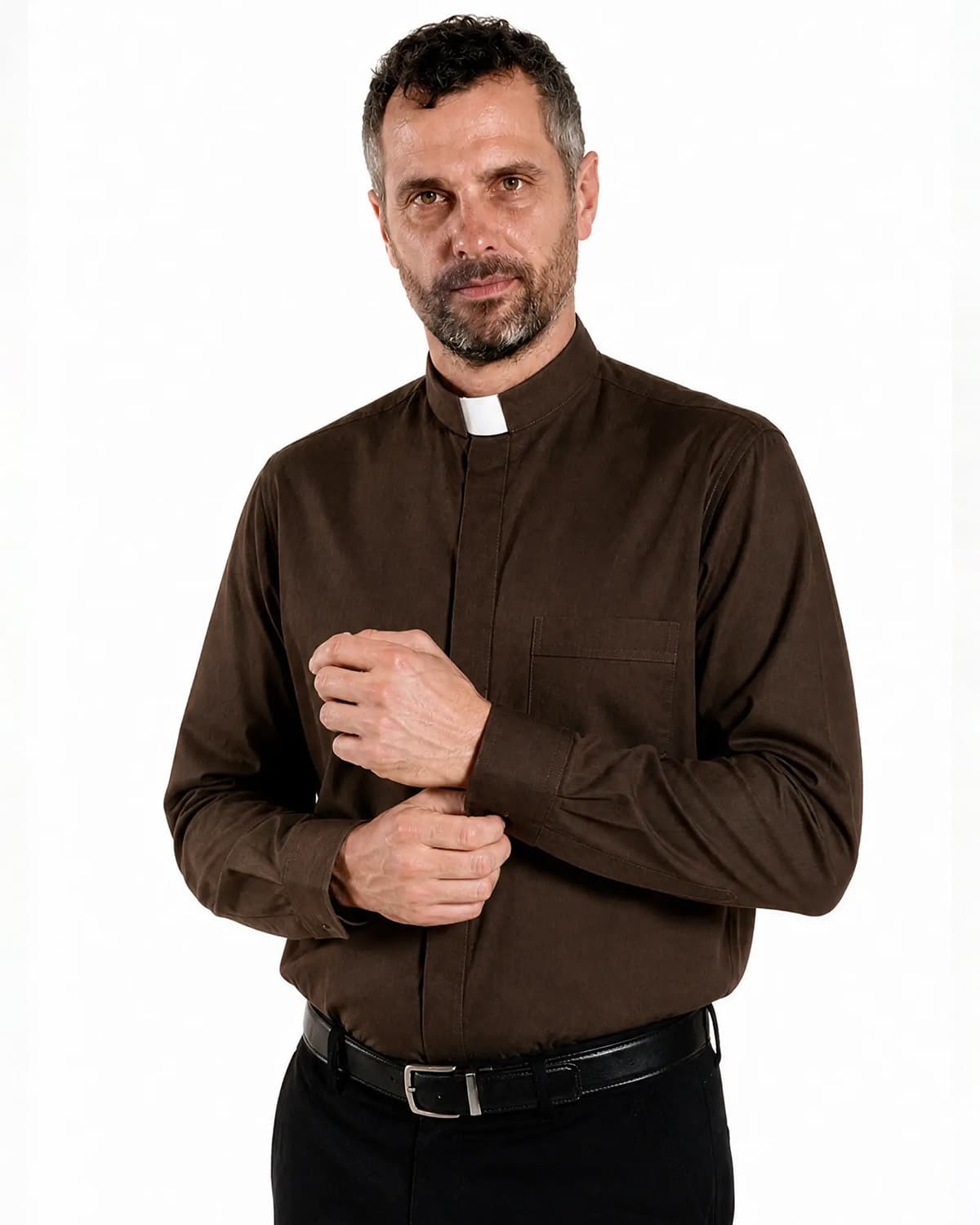 Priesterhemd aus POLYCOTTON – Blau – Römisches Design – Kurzarm