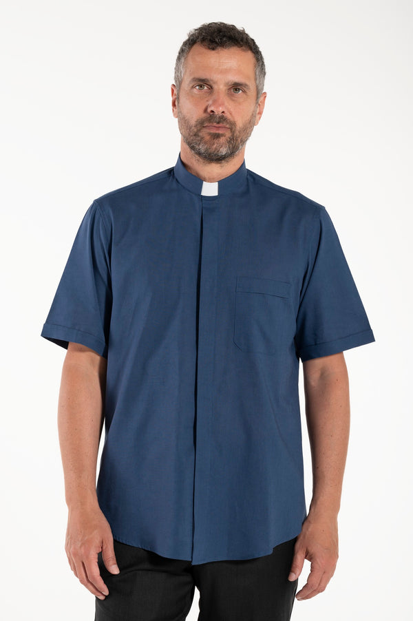 Camicia Misto-Lino - Blu - Clergy - Manica Corta