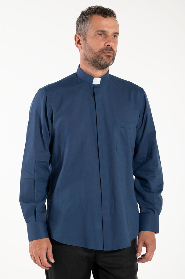 Camicia Misto-Lino - Blu - Clergy - Manica Lunga