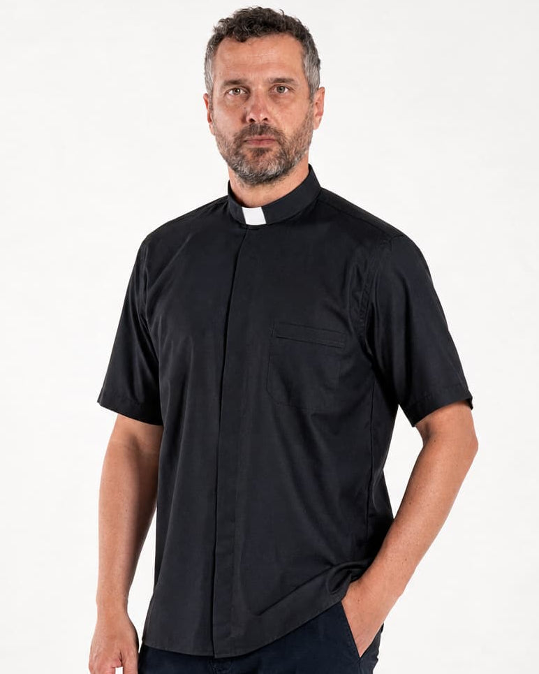 NO IRON Shirt - Black - Clergy - 100% Cotton - Short Sleeve