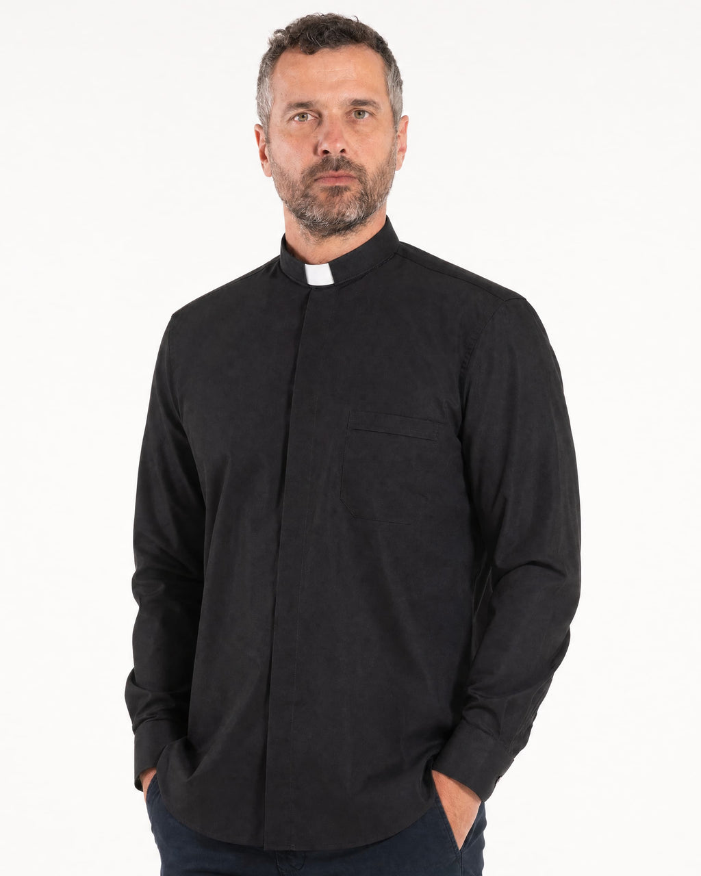 NO IRON Shirt - Black - Clergy - 100% Cotton - Long Sleeve