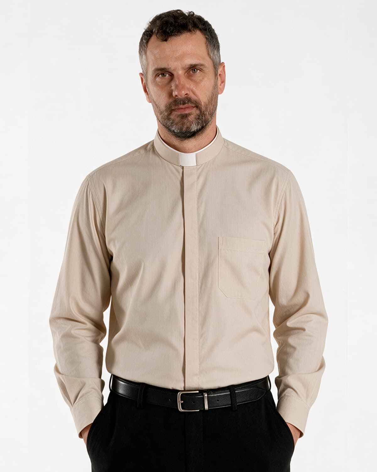 Priesterhemd aus POLYCOTTON – Blau – Römisches Design – Kurzarm