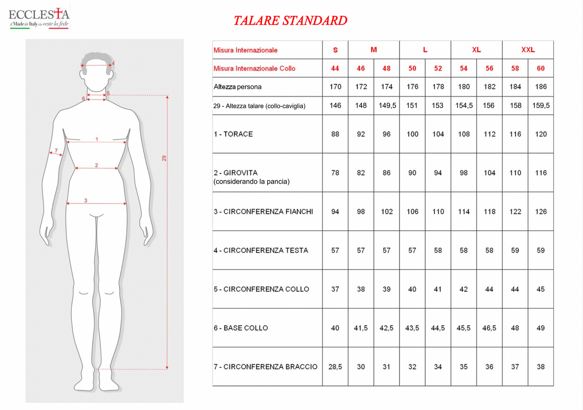 Tabella taglie originale della talare con misure in centimetri
