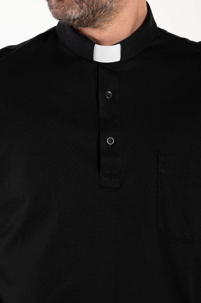 Priesterpolo Filo di Scozia® - Schwarz - 100% Frische Baumwolle - Langarm