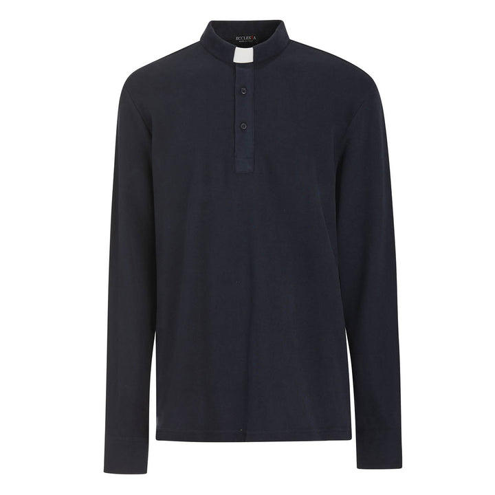 Flanell-Priesterpolo - Blau - 100% Warme Baumwolle - Langarm