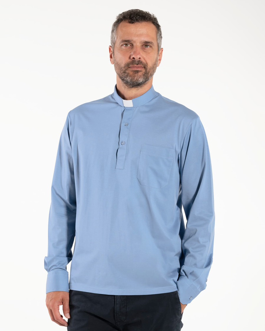 Polo Roma - Celeste Chiaro - Clergy - 100% Cotone Fresco - Manica Lunga