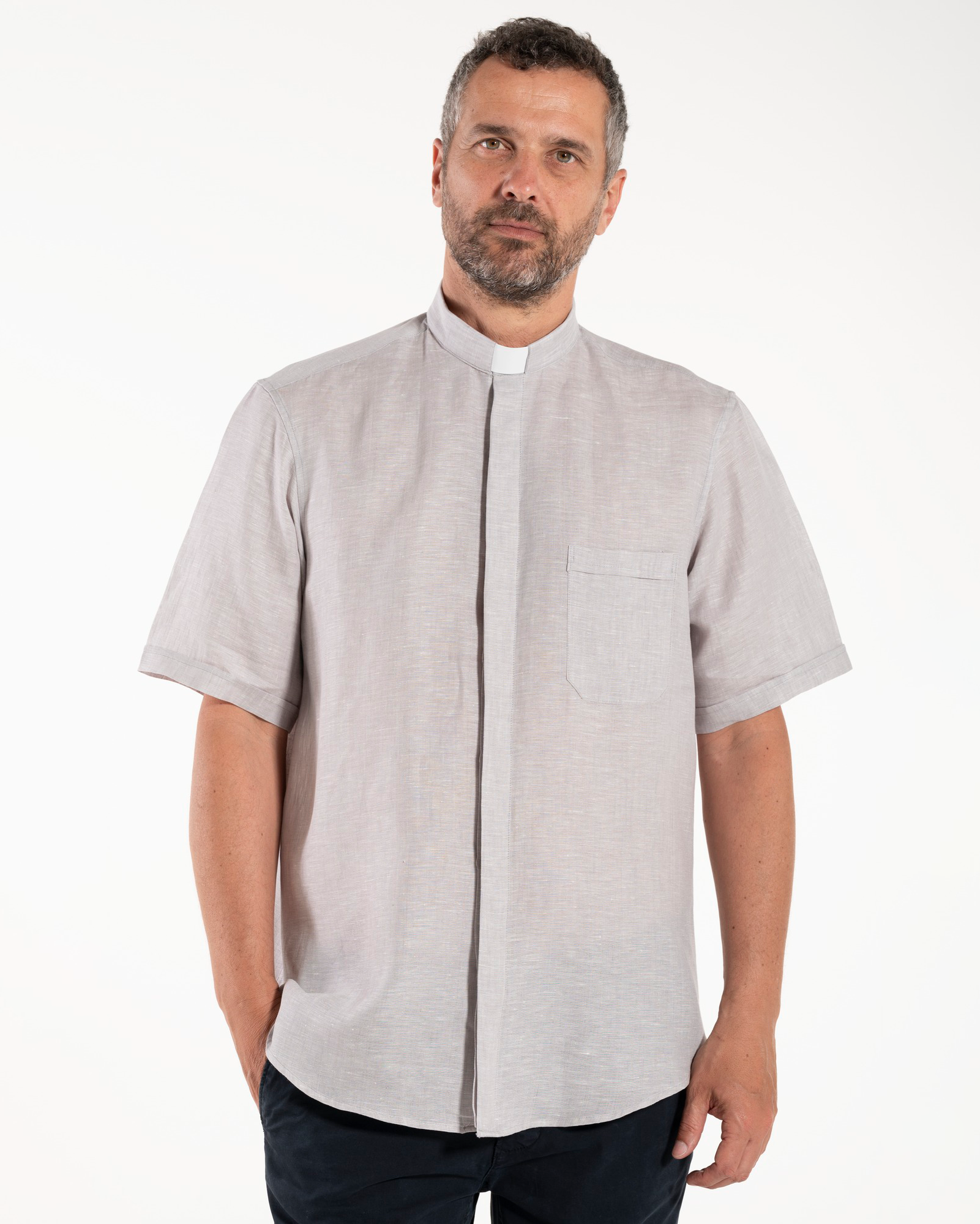 NEW - Camisa de lino - Gris claro - Clero - Manga Corta